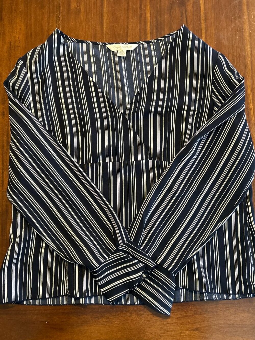 Casual Corner Navy Blue White Striped Wrap V-Neck Blouse Top Size 16